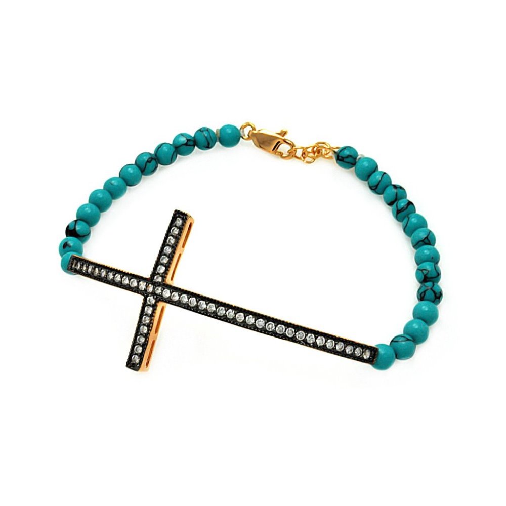 Silver 925 Gold and Black Rhodium Plated Sideways Cross CZ Turquoise Bracelet